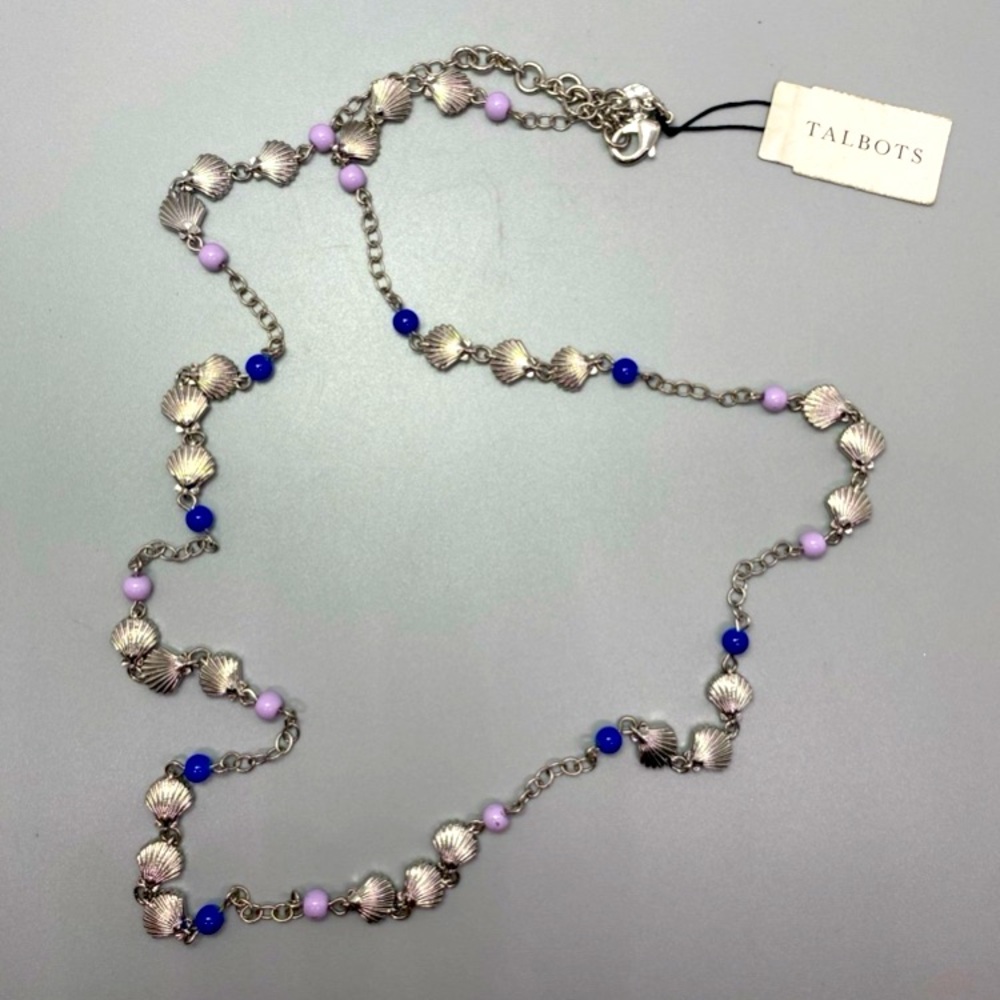 Talbots Seashell Chain Necklace Silver With Blue Beads 28-31" lobster clasp NWT